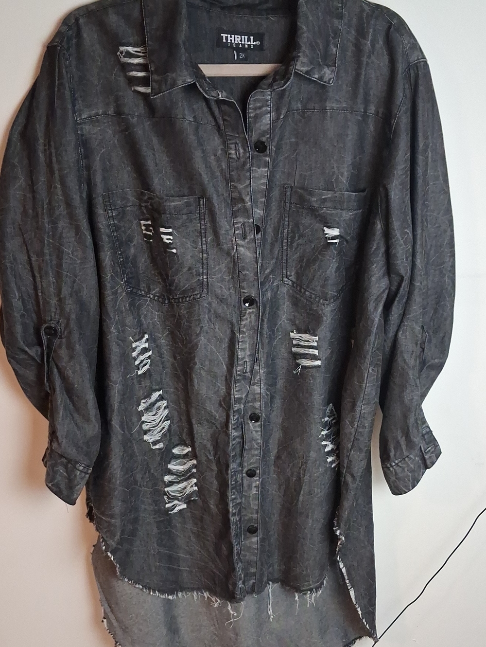 Thrill Woman’s Distressed Black Button-Up Shirt